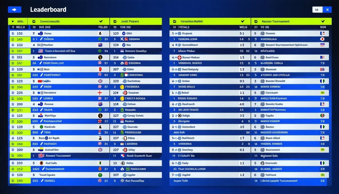 Leaderboard showing top players and recent tournament results